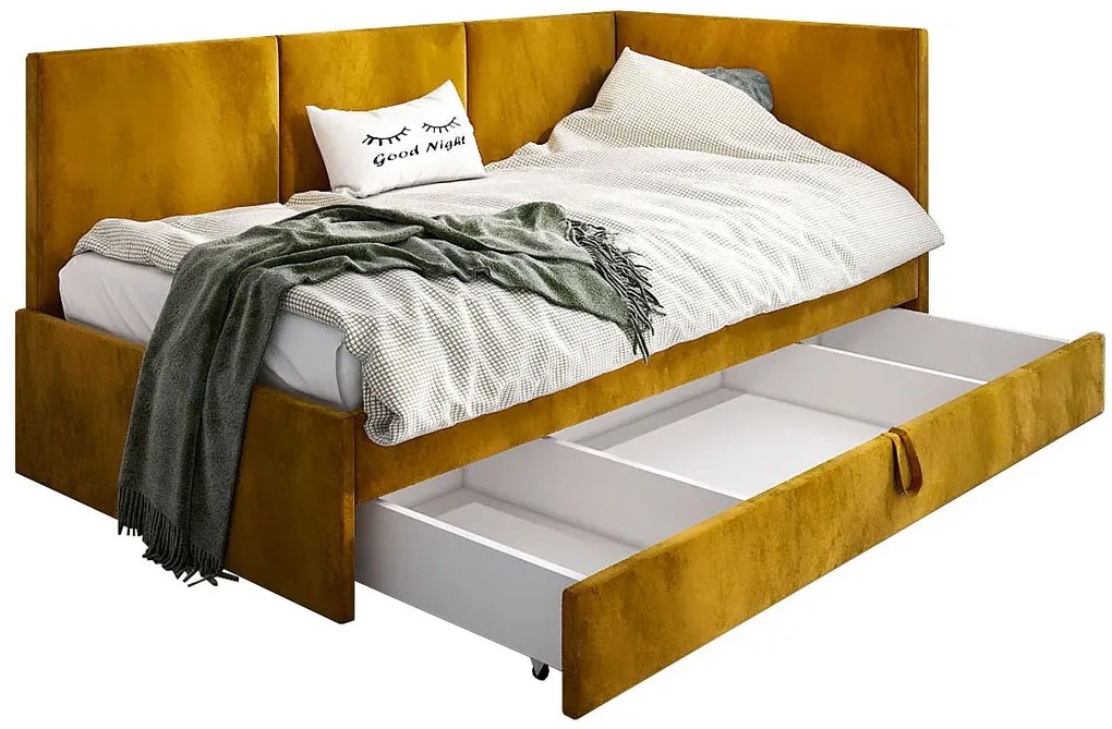 Musztardowy tapczan z szufladą na pościel H6-L96