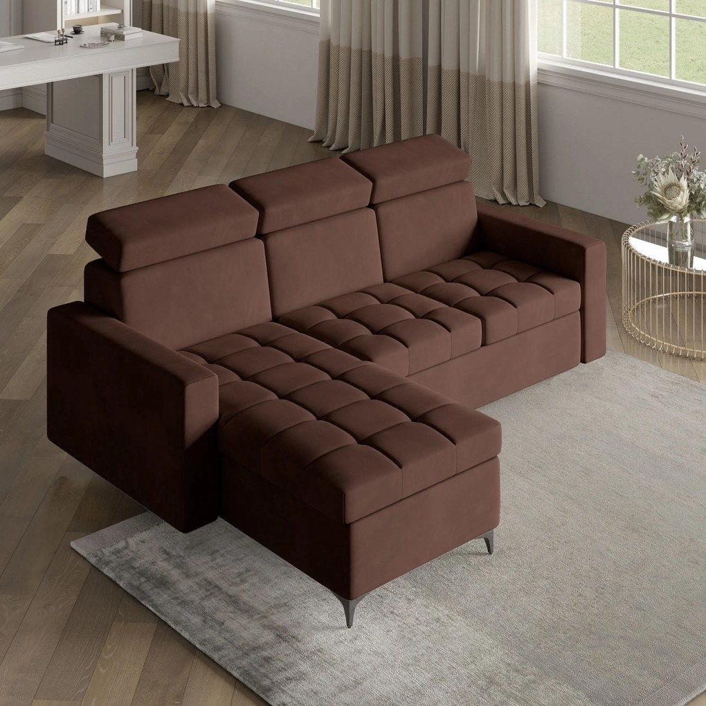 Masseno Narożnik KAME z funkcją spania i pojemnikiem na pościel Narozniki L, Rozkładana sofa - Brązowy, KRONOS 06