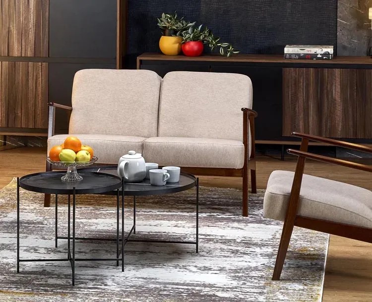 Drewniana beżowa tapicerowana sofa retro - Conti 4X