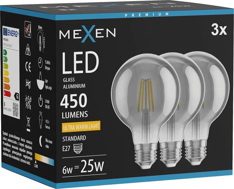 Mexen Vintis 3x żarówka filament LED E27, G80, 6W, Ciepła - 2200K, 450 lm, smoke - L155-E27-0622-70x03