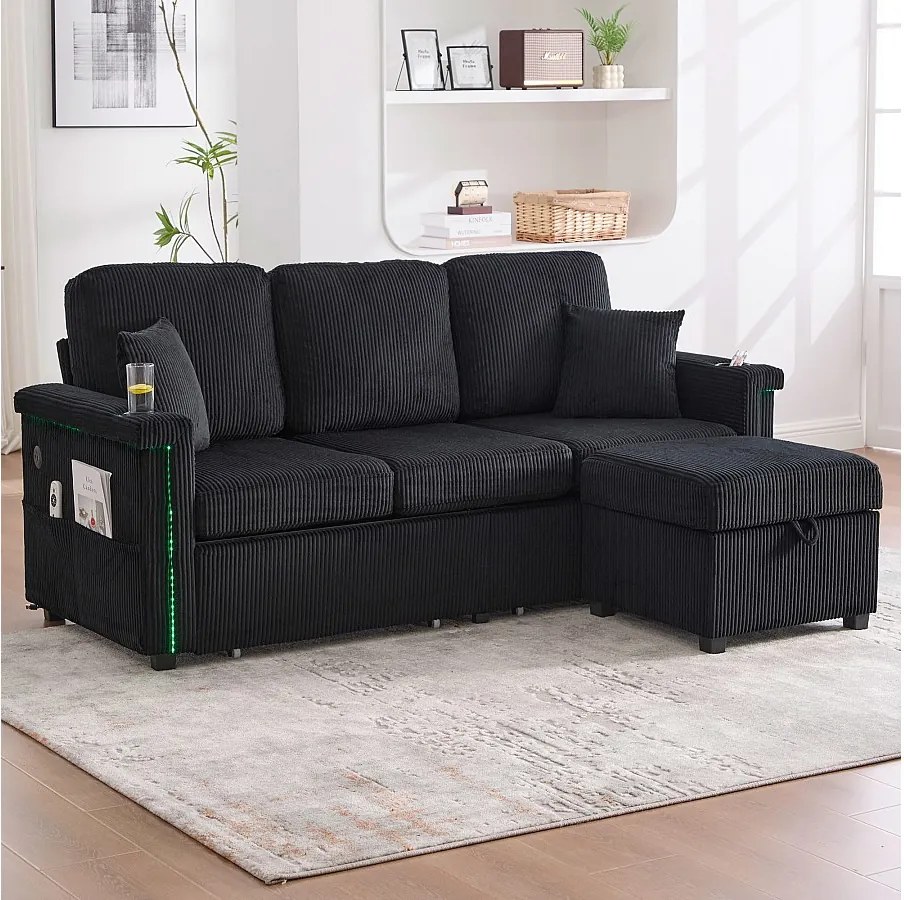 Sofa 3-osobowa z czarnego sztruksu z LED i USB, podnóżkiem ze schowkiem i 2 szufladami