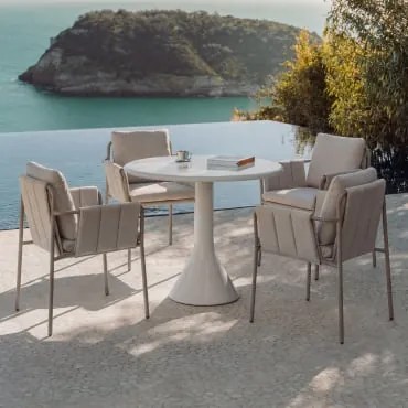 Zestaw Okrągłego Stołu Ø90 Cm Z Cementu I Włókna Szklanego Melody Oraz 4 Tapicerowanych Krzeseł Ogrodowych Z Podłokietnikami I S Moka Brown - Sklum