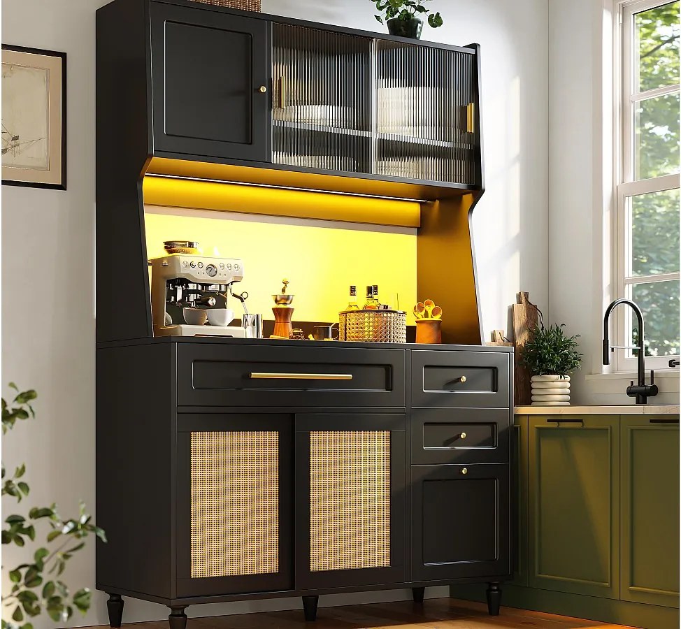 Buffet kuchenny 120×45×195,5 cm - z oświetleniem LED - 3 szuflady i 6 drzwi - regulowane półki - czarny