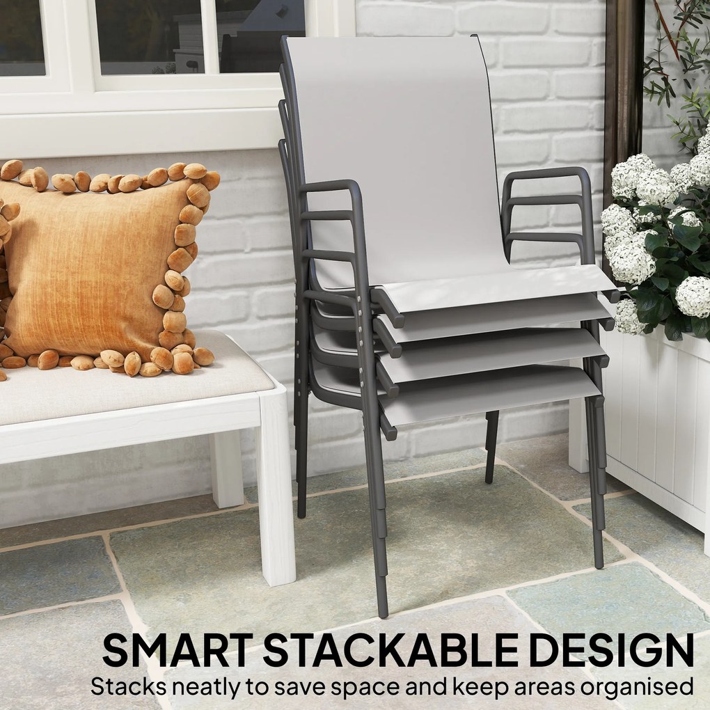 Outsunny Krzesła Ogrodowe 4 szt. – Sztaplowane Krzesła Tarasowe z Oddychającym Oparciem i Podłokietnikami, Maks. Obciążenie 120 kg | Aosom PL