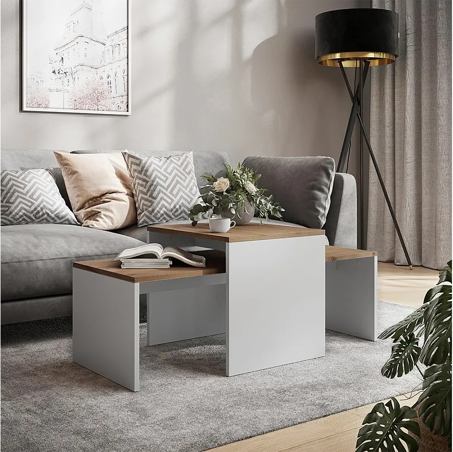 Zestaw stolików kawowych biały/złoty dąb 100x48x40.4 donat