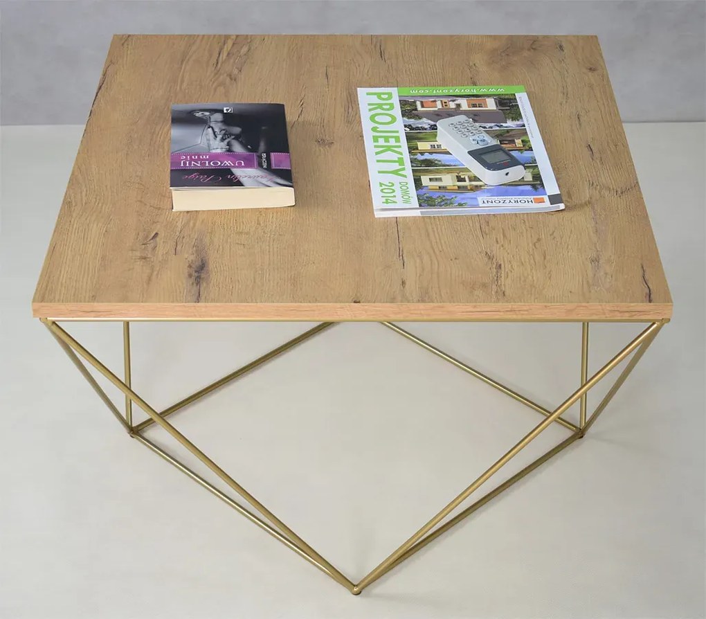 Druciany stolik kawowy dąb lancelot + złoty T9-A55