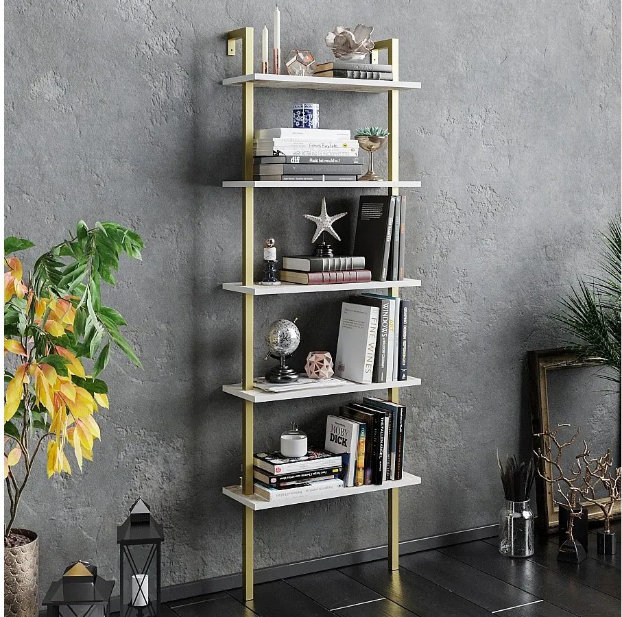 Efektowna półka z metalowymi nogami, biało-złota, 60 x 22 x 174 cm | Powłoka 100% melaminy, grubość 18 mm | Możliwość montażu na ścianie, el