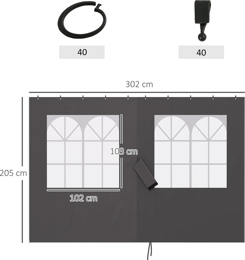 Outsunny Boczne ścianki do pawilonu, 4 panele boczne do pawilonu ogrodowego, z zamkiem błyskawicznym, pawilon 3 x 4 m, ciemnoszary