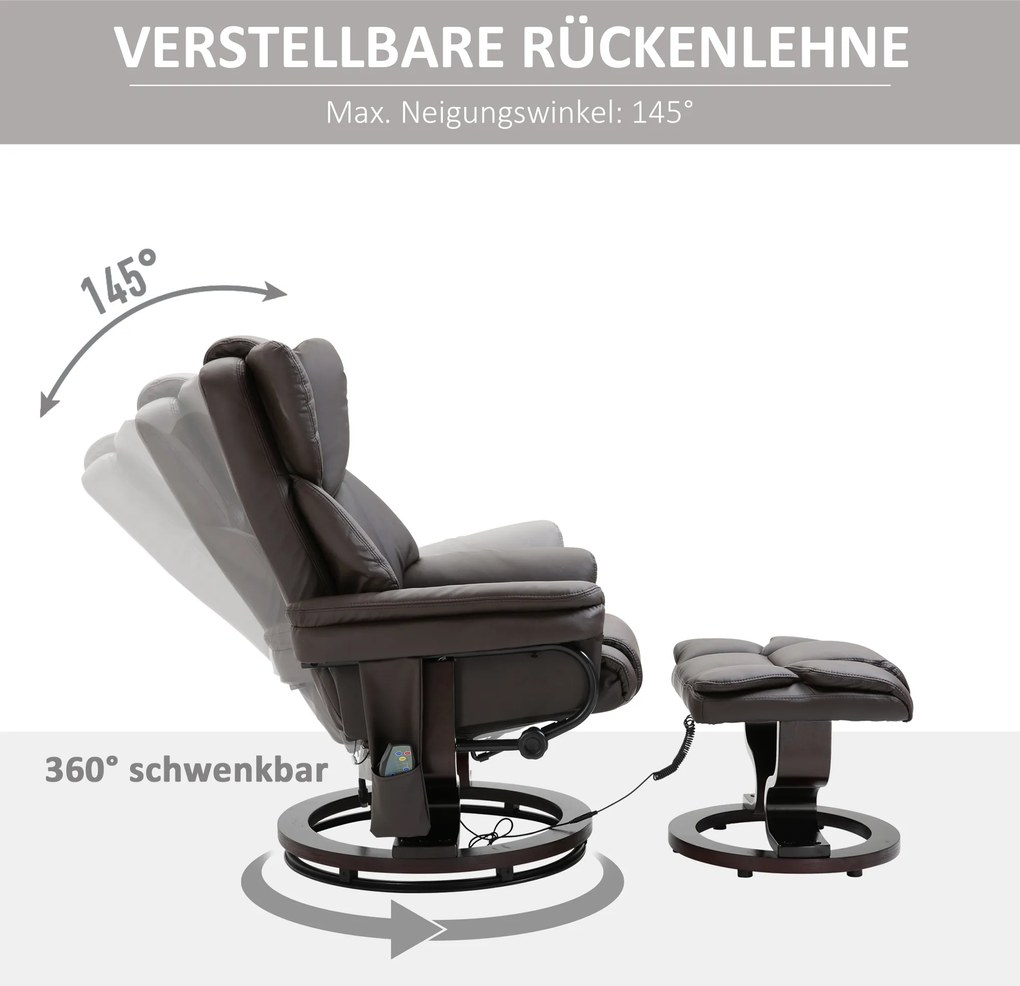 HOMCOM Fotel masujący z pufą relaksacyjny regulowany 145 stopni brązowy sztuczna skóra | Aosom PL