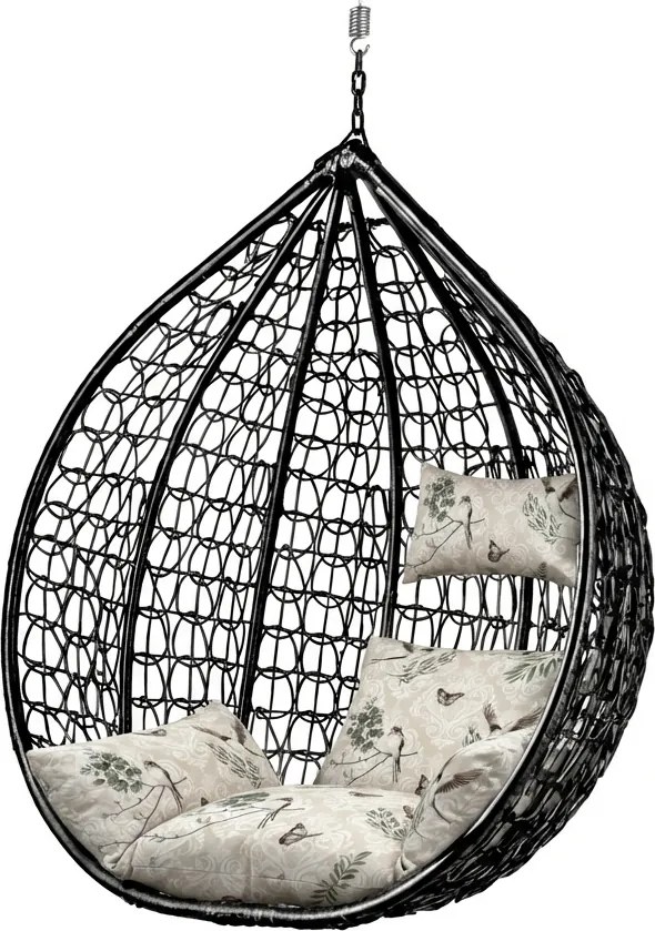 Czarne wiszące krzesło KOKON bez stojaka, beżowa poduszka