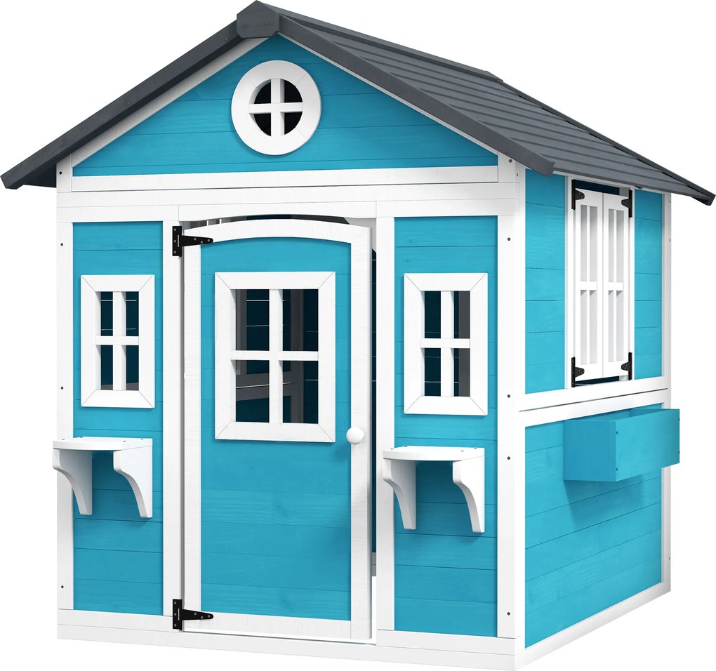 Outsunny Domek Ogrodowy dla Dzieci, Drewniany Domek Zabaw z Oknami, Doniczkami, 3-8 Lat, Niebieski