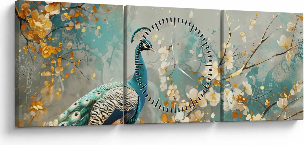 Obraz - Paw ze złotą dekoracją (z zegarem) (90x30 cm)