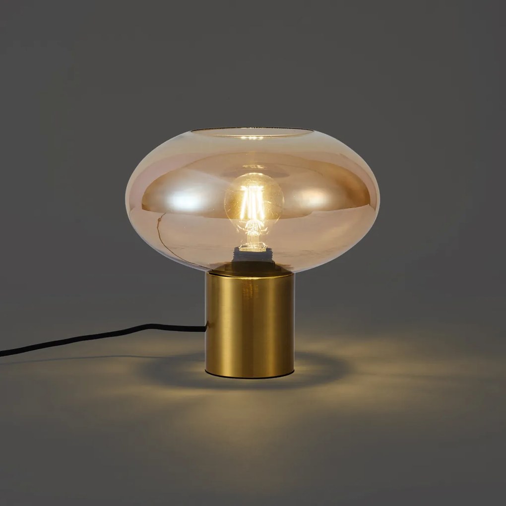 Designerska lampa stołowa mosiężna z bursztynowym szkłem - Umbrella