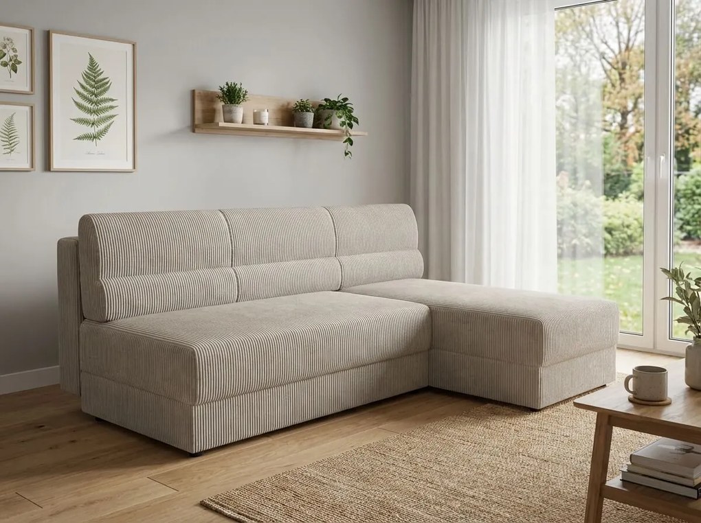 Rozkładana narożna sofa TAVERO SLIM 201x140 cm, jasnobeżowa, uniwersalna
