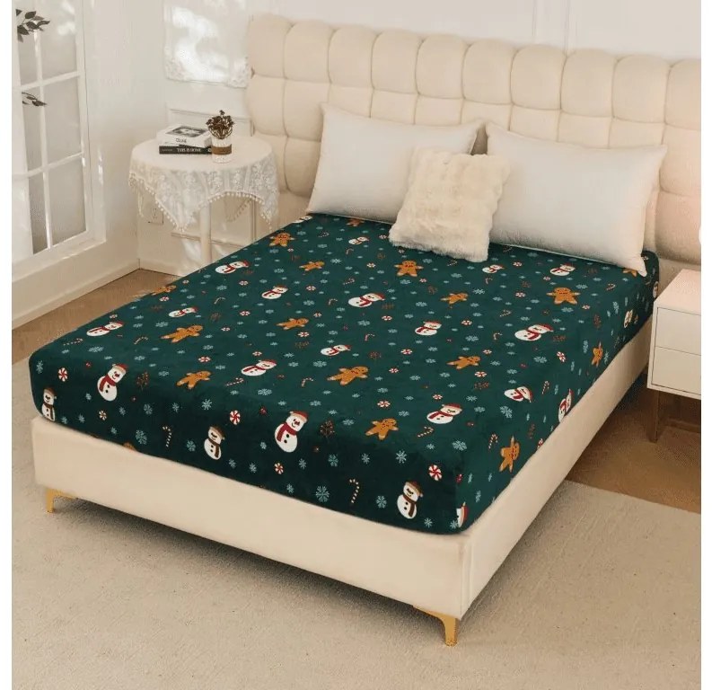 PrzytulneMieszkanie.pl Prześcieradło z mikropluszu SNOWMAN AND GINGERBREAD 90x200 cm zielone