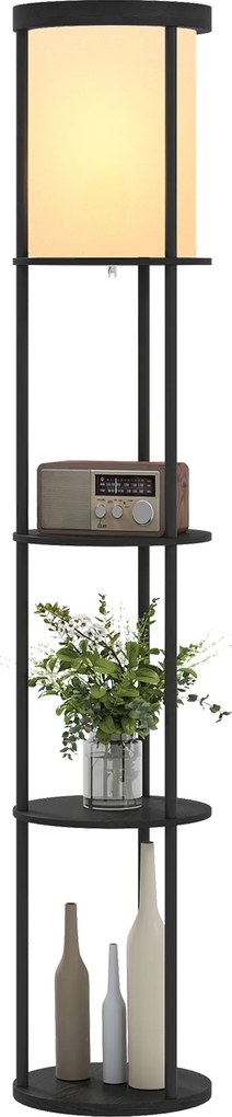 HOMCOM Lampa stojąca z 3 półkami, okrągły design, pilot zdalnego sterowania, włącznik nożny, regulowana temperatura barwowa, do salonu, Czarny