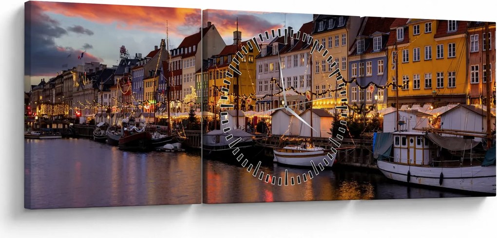 Obraz - Nyhavn, Kopenhaga (z zegarem) (90x30 cm)