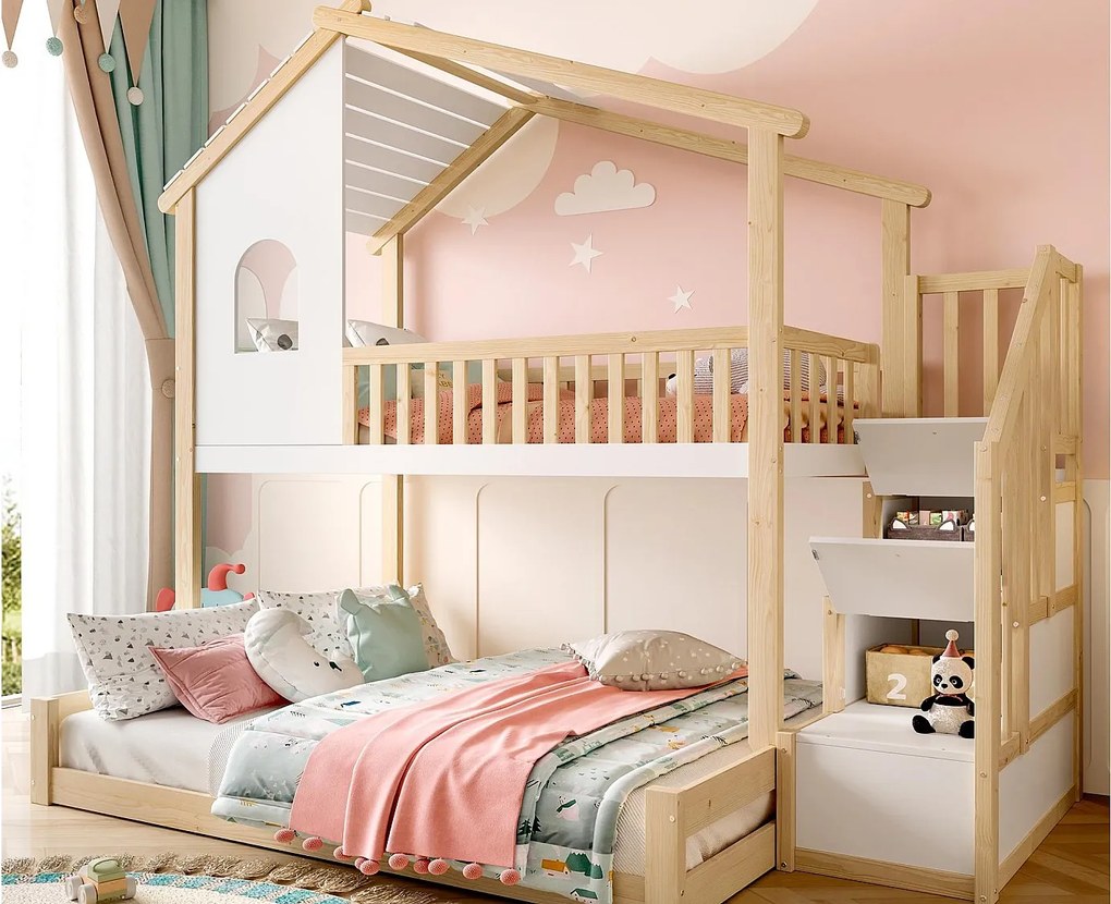 Łóżko piętrowe 90×200cm+140×200cm - Barierki bezpieczeństwa - Z drabiną schowkową - Naturalny + Biały (bez materaca)