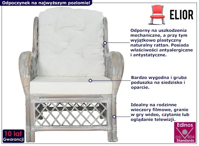 Szary fotel z prawdziwego rattanu z poduszką Fiba