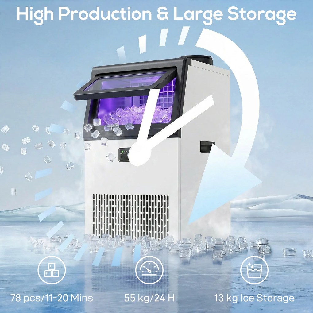 HOMCOM Komercyjna maszyna do lodu, 55 kg/24 h stal nierdzewna, wolnostojąca lub do zabudowy z 13 kg pojemnikiem | Aosom PL