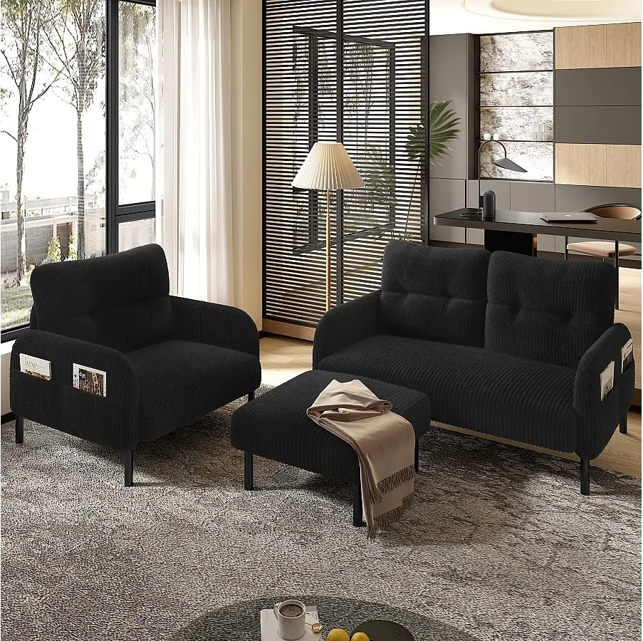 Zestaw wypoczynkowy 3-osobowy - 120 x 75 x 79 cm - z podnóżkiem + sofa 2-osobowa + fotel - Velvet - czarny