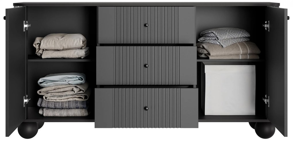 Komoda Vesper 160 cm z szufladami na kulach - czarny / czarne uchwyty / nogi kule