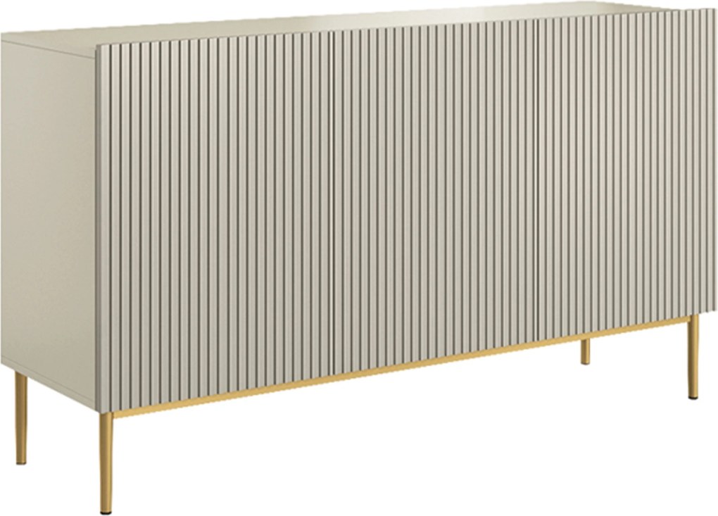 Komoda Nicole 150 cm trzydrzwiowa z ryflowanym frontem - kaszmir / złote nóżki