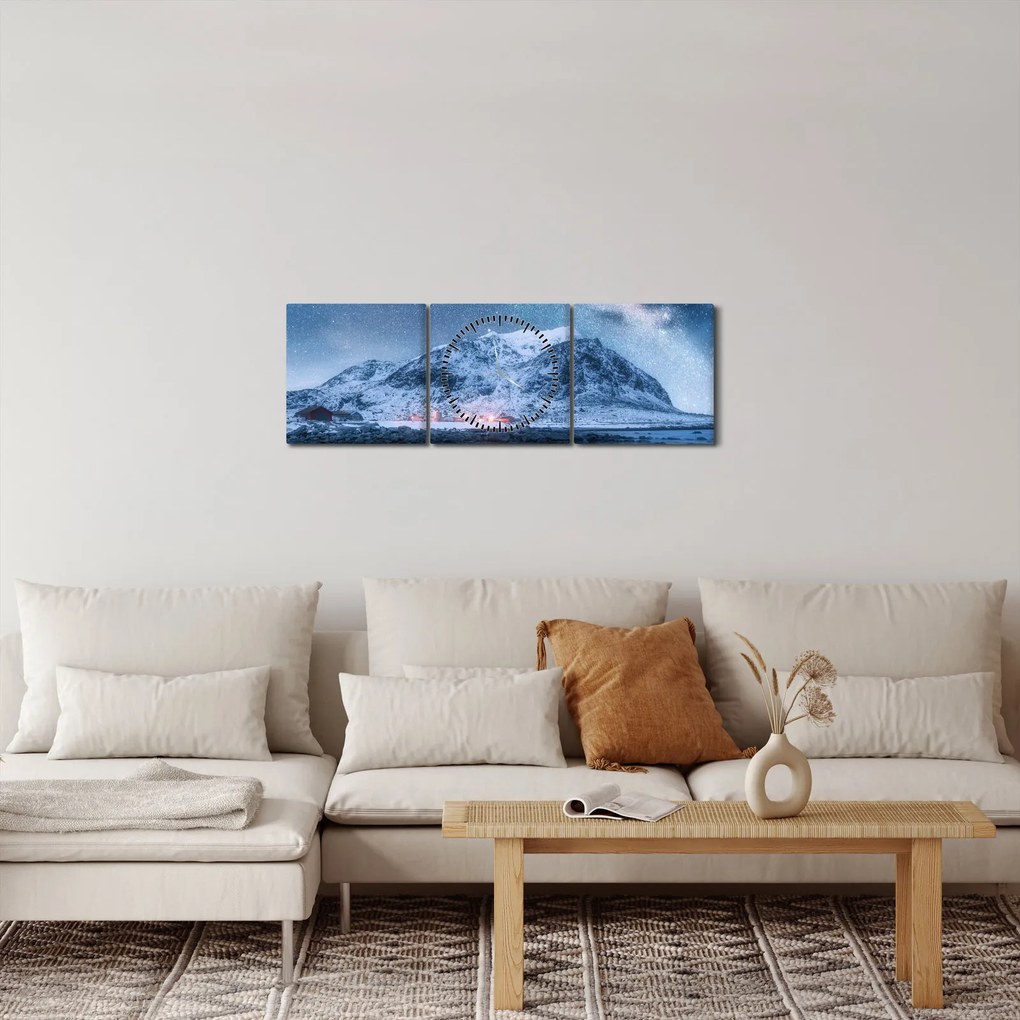 Obraz gór z gwieździstym niebem (z zegarem) (90x30 cm)