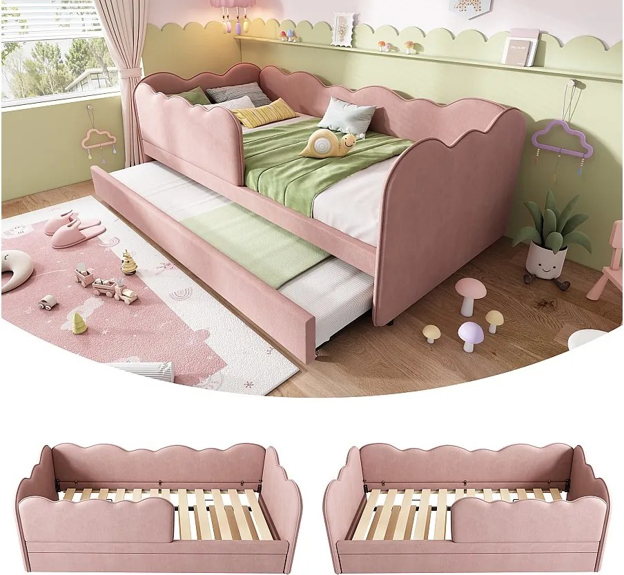 Sofa tapicerowana z funkcją spania - 90 x 190 cm - z łóżkiem wysuwanym 90 x 190 cm + stelaż - len - różowy