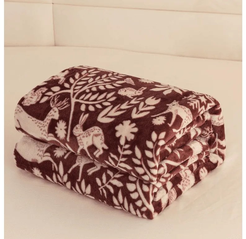 Mikropluszowy koc FOREST ANIMALS, bordowy Rozmiar: 150 x 200 cm