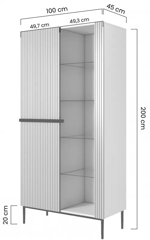Witryna Nicole 100 cm z ryflowanym frontem - biały mat / czarne nóżki
