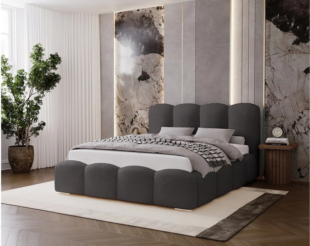 BESILIO Łóżko tapicerowane 120x200 Fluffy – łóżko chmurka boucle, z pojemnikiem na pościel i stelażem, gruba pianka, nowoczesne łóżko do sypialni – Szary