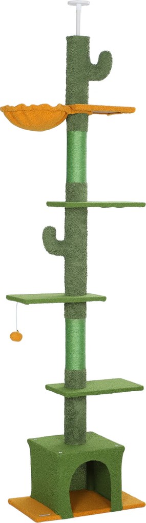 PawHut Regulowany Drapak 230-275 cm, Oszczędzający Miejsce, Centrum Zabaw z Hamakiem, Zielony