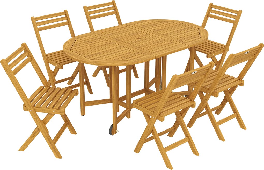 Outsunny Zestaw mebli ogrodowych FSC drewno 7-częściowy, rozkładany stół z 6 składanymi krzesłami, otwór na parasol, design lamelowy | Aosom PL