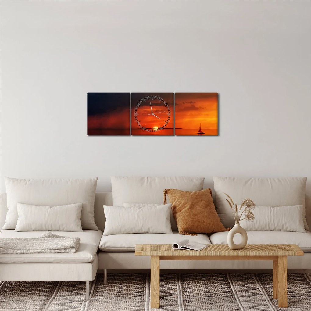 Obraz zachodu słońca z żaglówką (z zegarem) (90x30 cm)