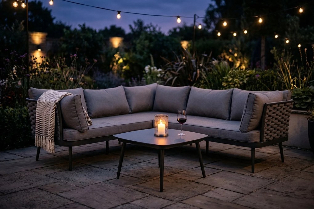 Zestaw mebli ogrodowych szary aluminium narożnik z poduszkami i stolik