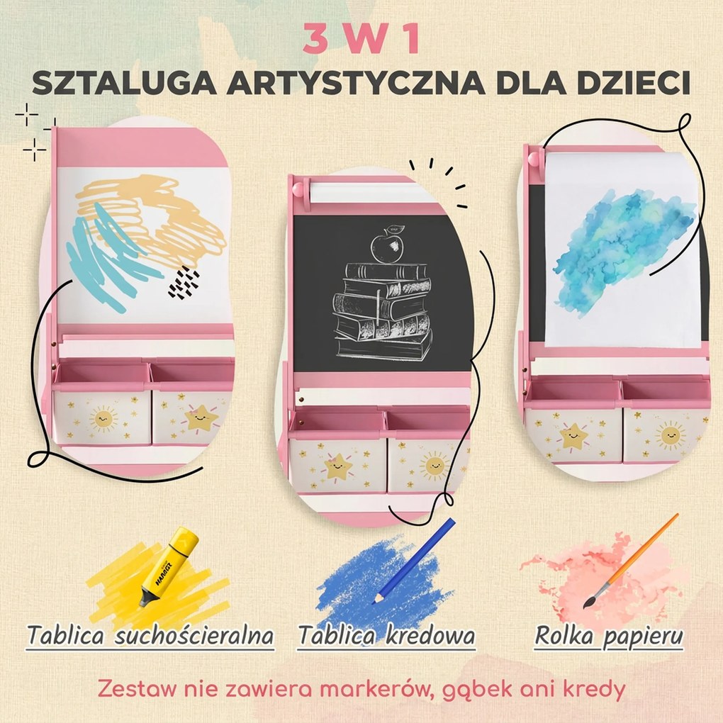 AIYAPLAY Sztaluga 3 w 1 dla dzieci z tablicą kredową, białą tablicą, rolką papieru i 2 koszami, różowa, dla dzieci w wieku 3-8 lat | Aosom PL
