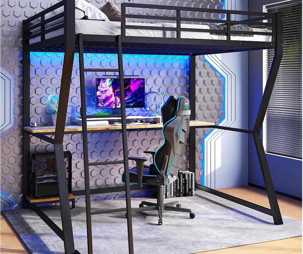 Łóżko piętrowe 140×200 cm - z oświetleniem LED - z biurkiem - gniazdko + USB - ze schodami - czarne