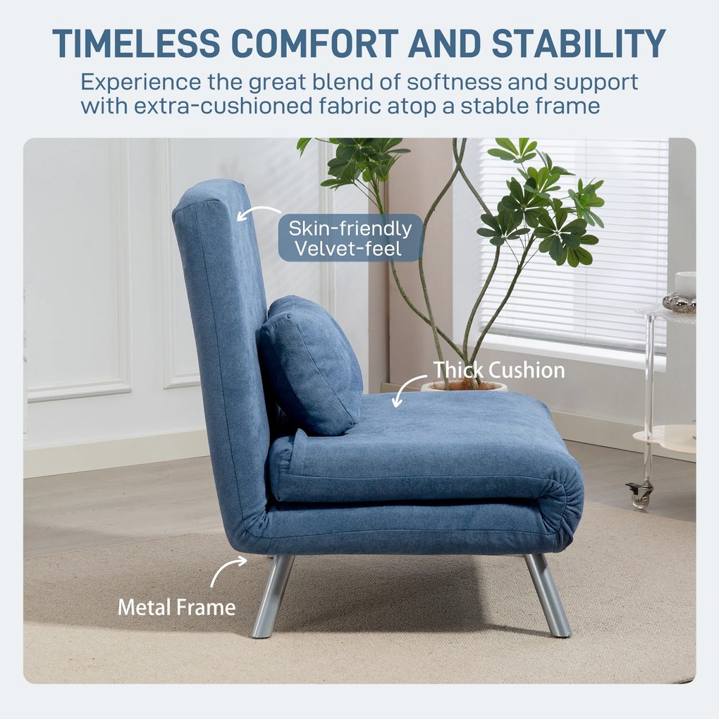 HOMCOM Fotel z funkcją łóżka, design 2-w-1, fotel do spania, łóżko dla gości, tapicerka materiałowa, z poduszką, Niebieski