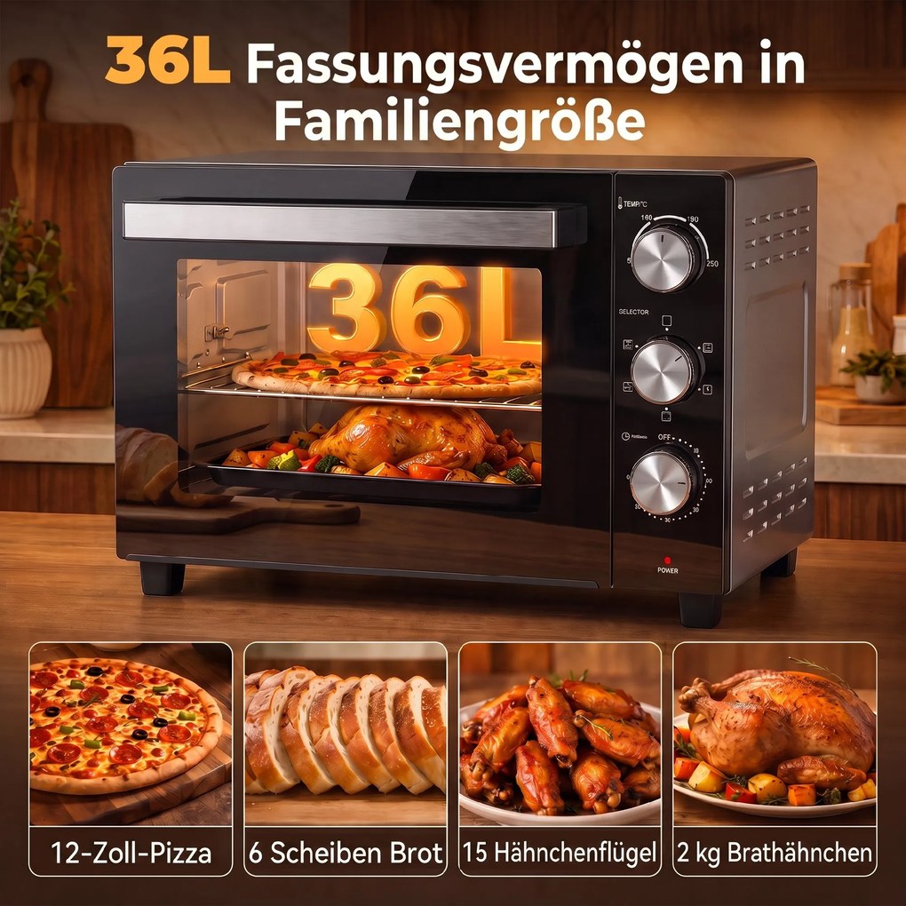 HOMCOM 36 L mini piekarnik z termoobiegiem, regulacja temperatury 90–230 °C, 1500 W | Aosom PL