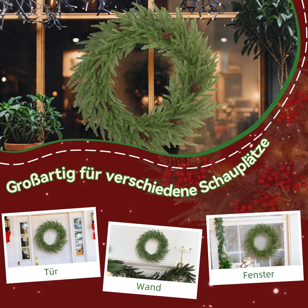 HOMCOM wieniec świąteczny z szyszkami Ø60 cm — zielony, na drzwi | Aosom PL