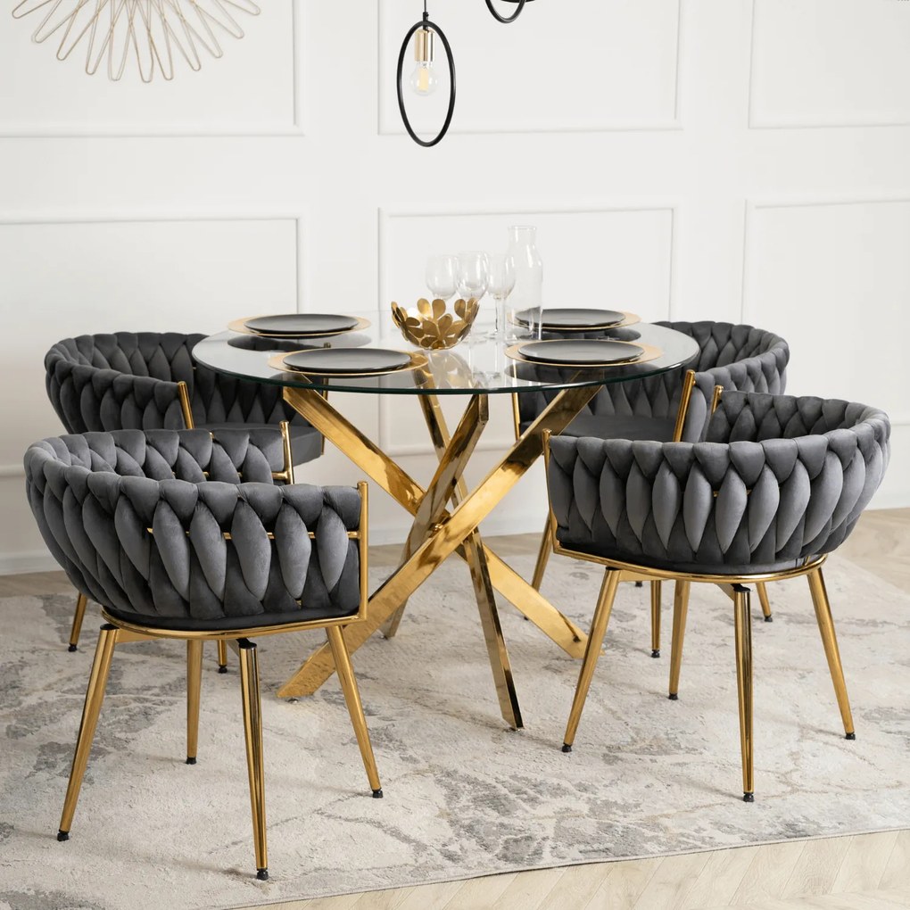 Zestaw Stół Okrągły SALLO 100 cm i 4 Krzesła Tapicerowane RUBI Szare Glamour