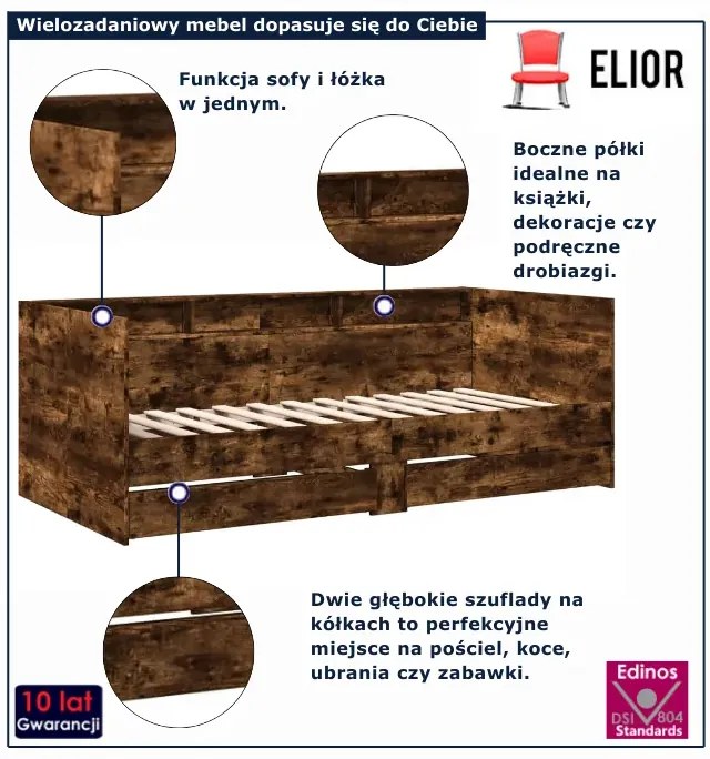 Łóżko z regałem i szufladami 90x200 cm wędzony dąb D1-Z33