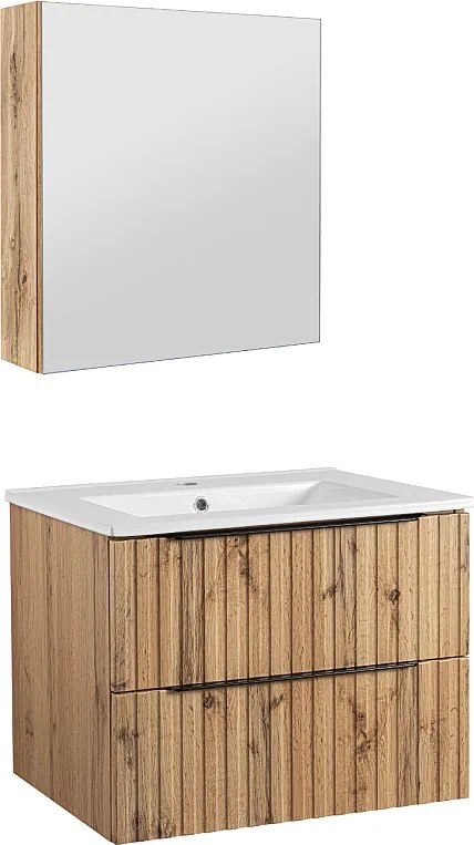 Zestaw Łazienkowy 60cm Ryflowane Fronty Szafka z Umywalką Szafka z Lustrem Dąb Wotan Amy