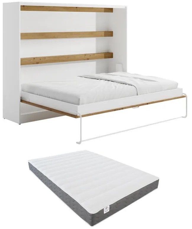 Łóżko chowane w szafie 140 × 200 cm – Otwieranie poziome manualne – Oświetlenie LED – Białe i naturalne + Materac – RAPILI