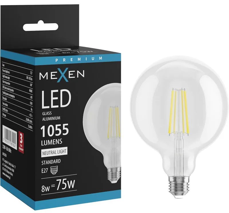 Mexen Vintis żarówka filament LED E27, G125, 8W, Neutralna - 4000K, 1055 lm, clear - L158-E27-0840-00