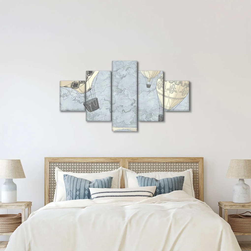 Obraz - Balony nad miastem, zimne odcienie (125x70 cm)