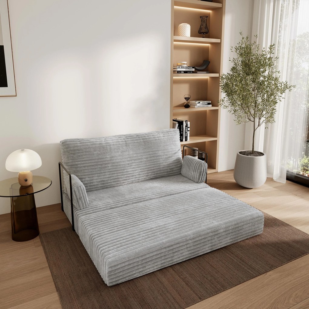 Masseno Sofa piankowa LADIA z funkcją spania, Kanapa z pianki do salonu, Bezmontażowa, Tkanina sztruksowa – Jasnoszary TILIA 86