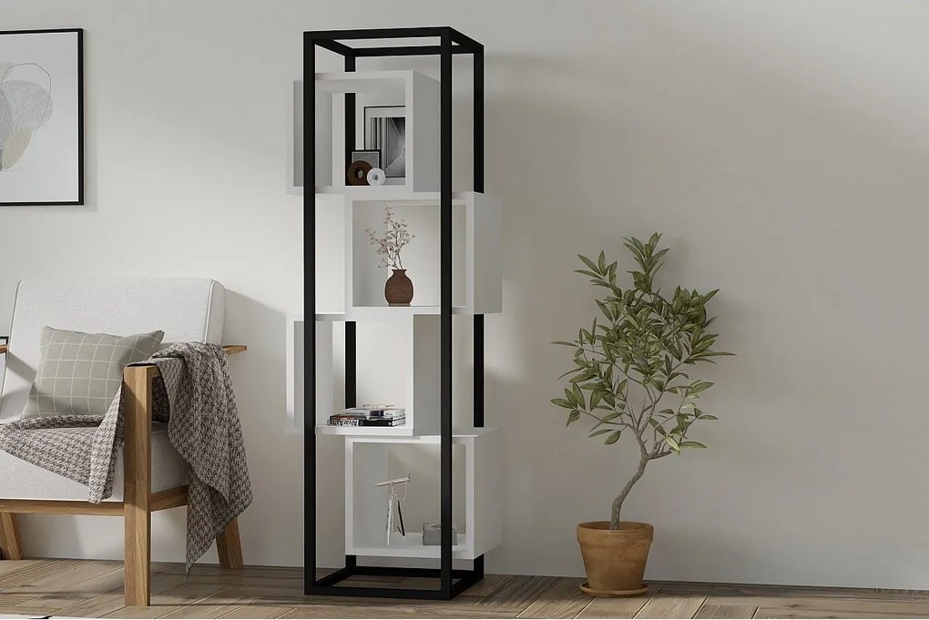 Nowoczesny regał na książki – wys. 140 cm, szer. 44 cm, gł. 29 cm – biały – płyta wiórowa pokryta melaminą