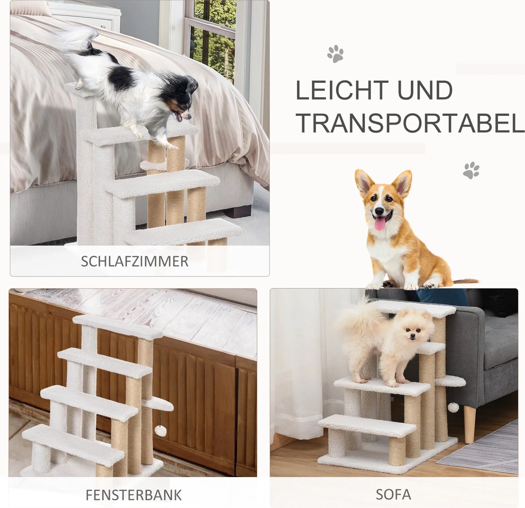 Drabinka dla Zwierząt z Piłeczką i Drapakiem PawHut, 4-stopniowa, Pluszowa i Trwała, Biała, Idealna dla Małych i Starszych Zwierząt, 60x40x64 cm